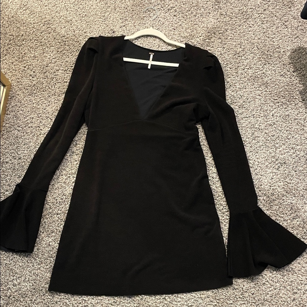 Free People Black V-Neck Long Sleeve Mini Dress with Flared Cuffs